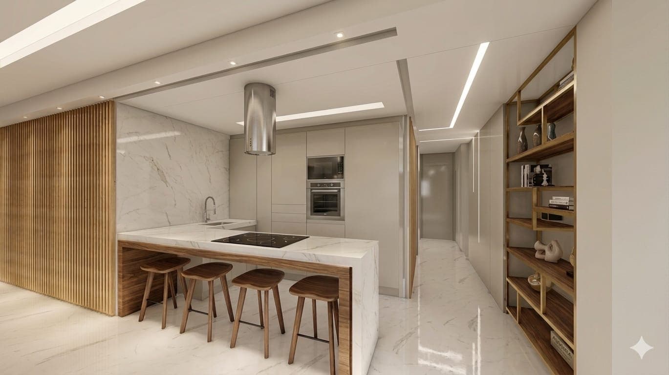 Estudo 3D de cozinha com ilha em mármore em cascata e ripado de madeira