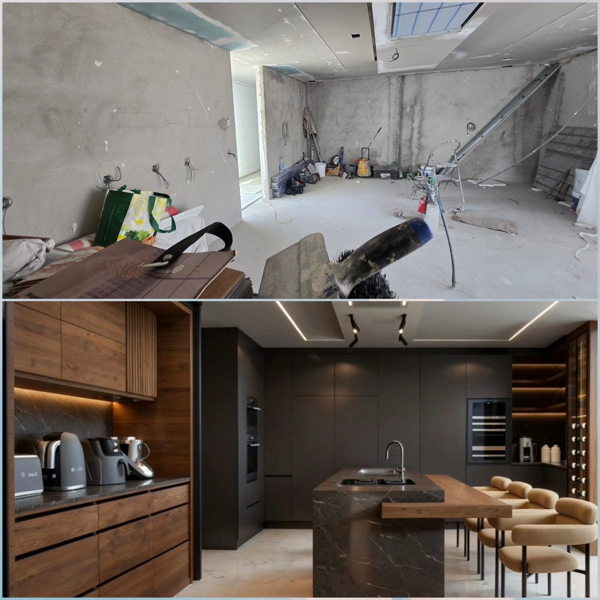 Antes e depois de uma cozinha: estrutura em obra e resultado final em mármore e madeira