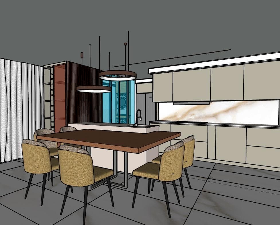Estudo 3D de cozinha aberta para zona de jantar com ripado de madeira e mármore