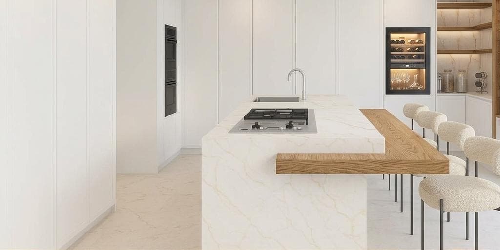 Estudo 3D de cozinha com ilha em mármore, placa a gás e garrafeira integrada