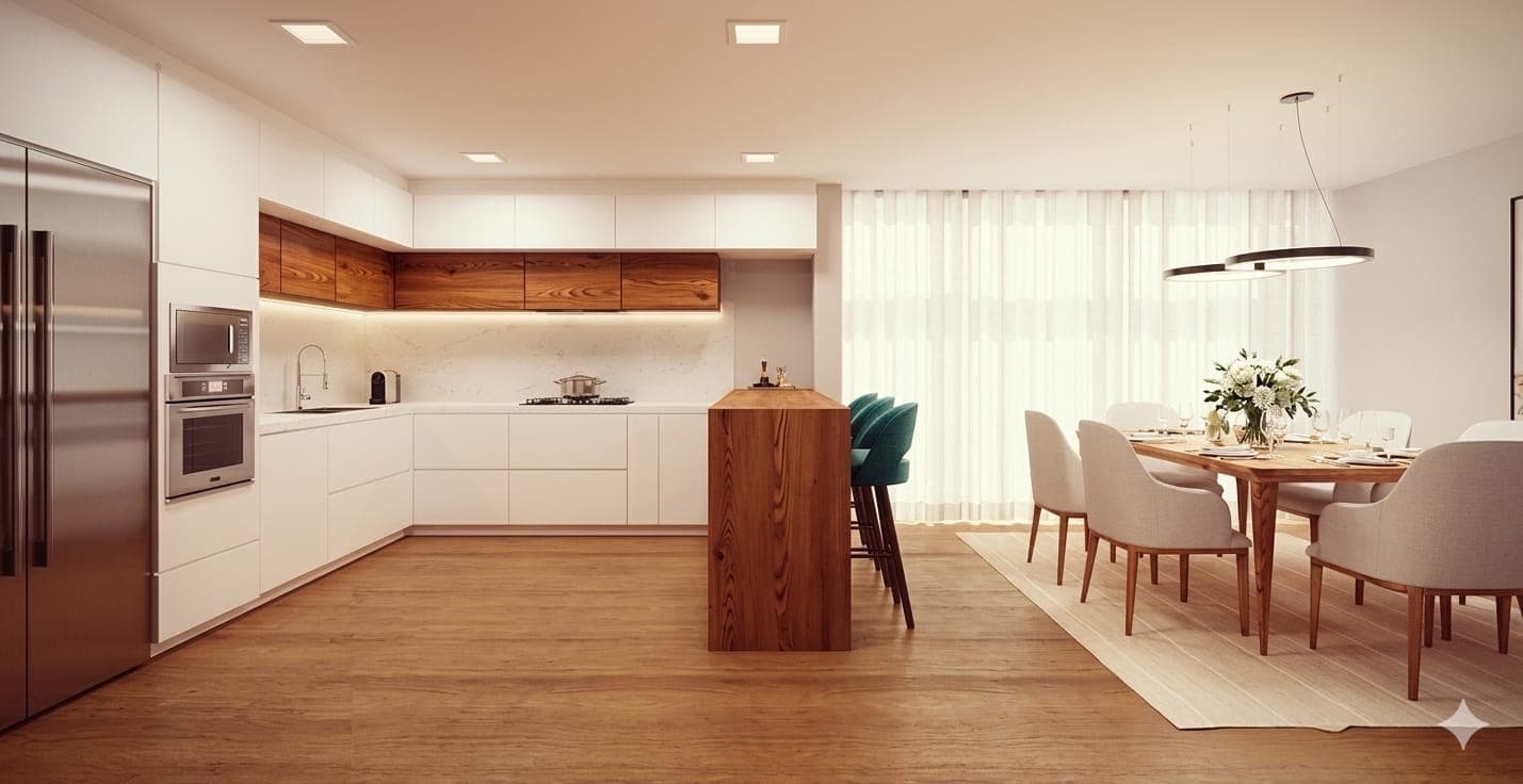 Render de cozinha branca luminosa com superiores em madeira e mesa de jantar