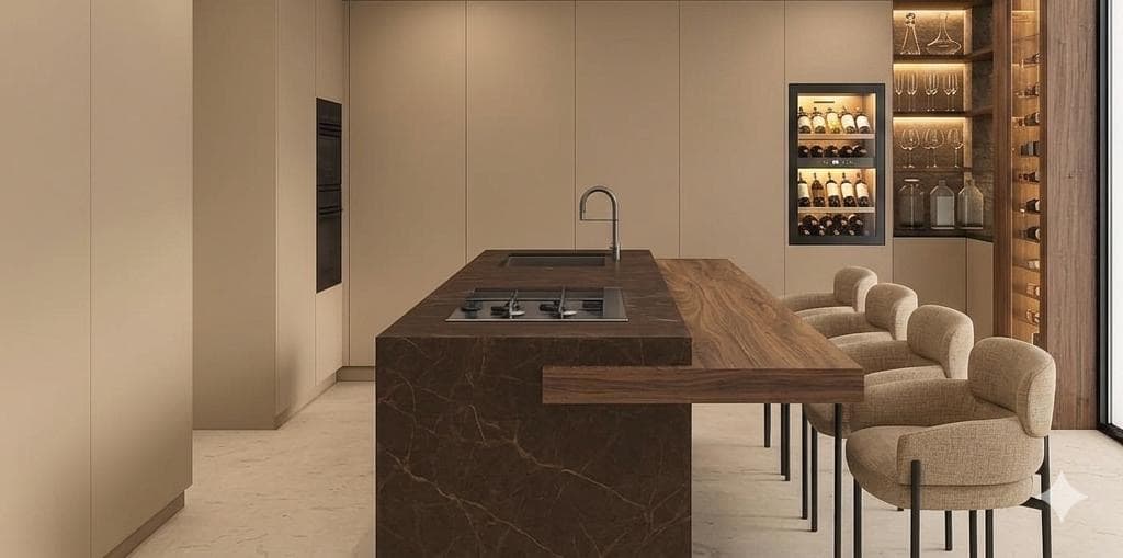 Estudo 3D de cozinha com ilha em mármore castanho e garrafeira retroiluminada