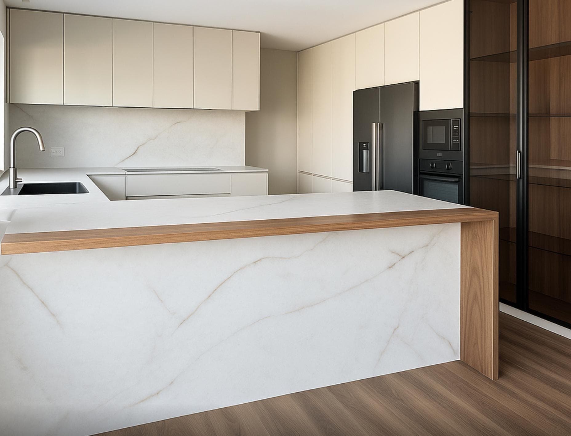 Cozinha creme com ilha em mármore em cascata