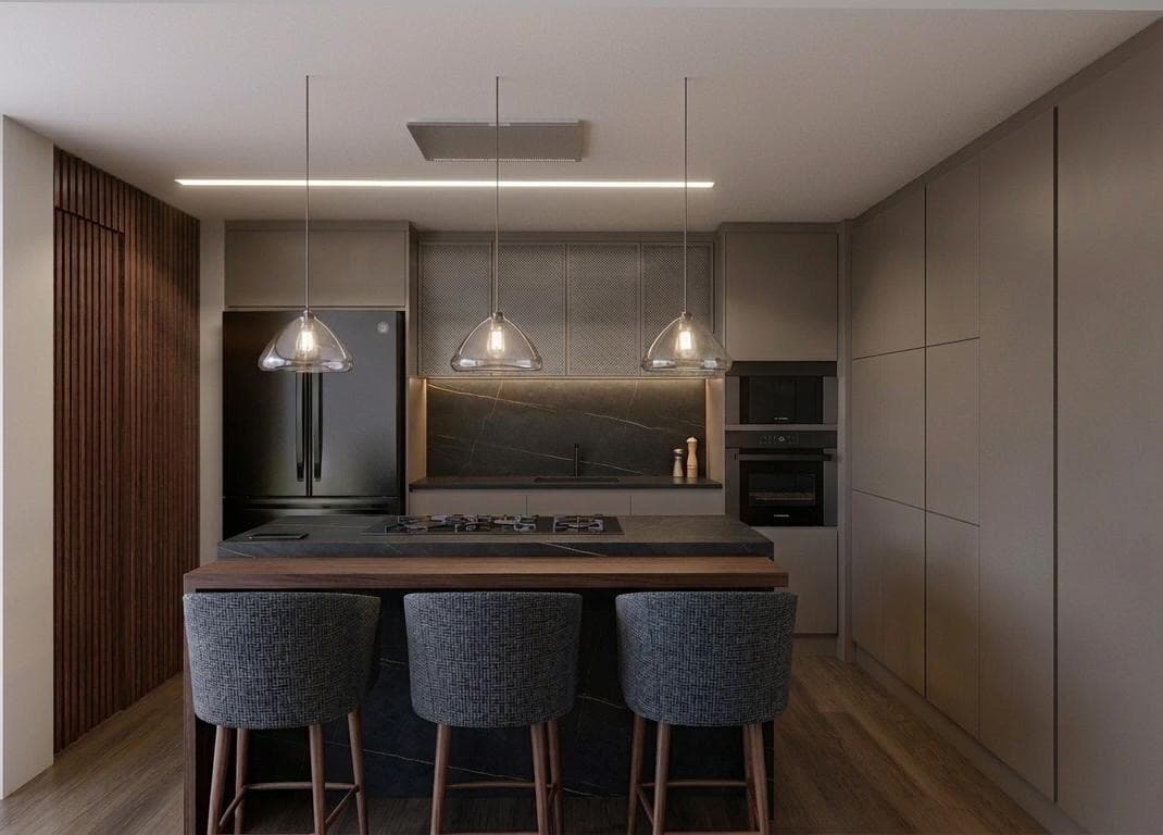 Render de cozinha sóbria em tons taupe com ilha a gás e parede ripada